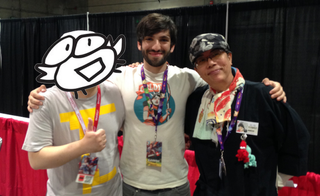 Fakku founder Jacob Grady with manga artists Bosshi and Toshio Maeda.